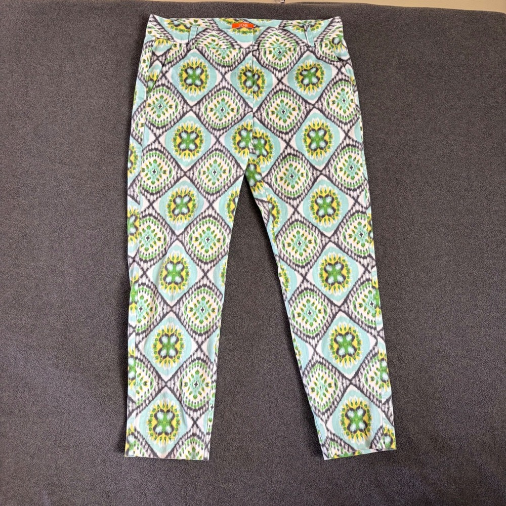 Joe Fresh Ikat Ankle Pants Womens 10 Teal Green  Geometric Slim Tapered